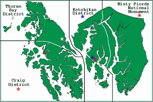 Map of Southern SE Alaska ranger districts and Misty Fiords